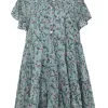Blue cotton voile Lanikaye floral print ruffle band collar half-button flutter sleeve pullover pintuck swing-style shift dress with tiered skirt