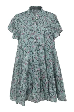 Blue cotton voile Lanikaye floral print ruffle band collar half-button flutter sleeve pullover pintuck swing-style shift dress with tiered skirt