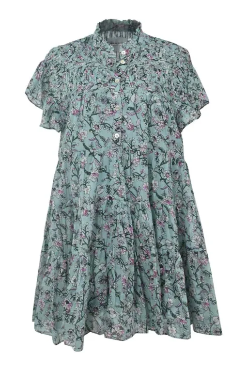 Blue cotton voile Lanikaye floral print ruffle band collar half-button flutter sleeve pullover pintuck swing-style shift dress with tiered skirt