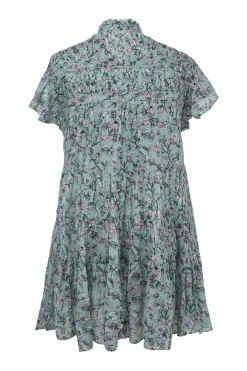 Blue cotton voile Lanikaye floral print ruffle band collar half-button flutter sleeve pullover pintuck swing-style shift dress with tiered skirt