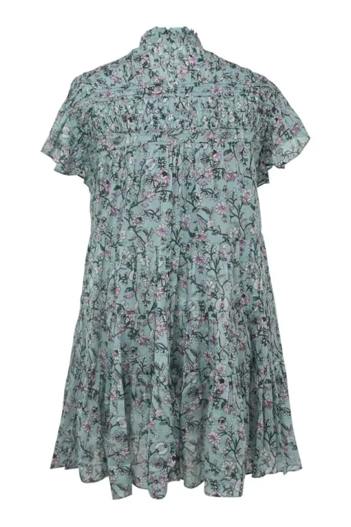 Blue cotton voile Lanikaye floral print ruffle band collar half-button flutter sleeve pullover pintuck swing-style shift dress with tiered skirt