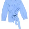 Blue cotton voile wrap-effect tie-waist peplum blouse with fray scallop Bertha collar