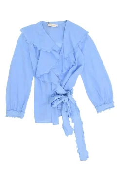 Blue cotton voile wrap-effect tie-waist peplum blouse with fray scallop Bertha collar