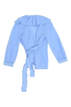 Blue cotton voile wrap-effect tie-waist peplum blouse with fray scallop Bertha collar