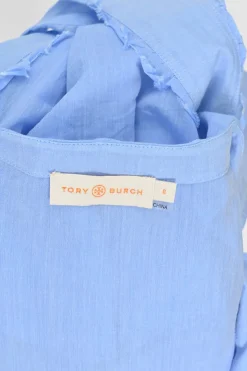 Blue cotton voile wrap-effect tie-waist peplum blouse with fray scallop Bertha collar