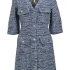 Blue cotton-blend bouclé tweed button-front half-sleeve mini dress with chest and hip patch pockets