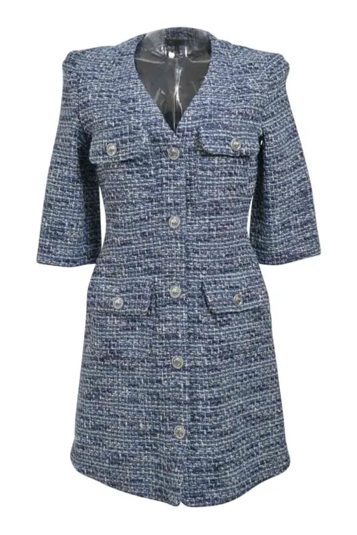 Blue cotton-blend bouclé tweed button-front half-sleeve mini dress with chest and hip patch pockets