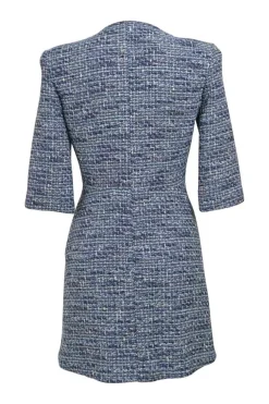 Blue cotton-blend bouclé tweed button-front half-sleeve mini dress with chest and hip patch pockets