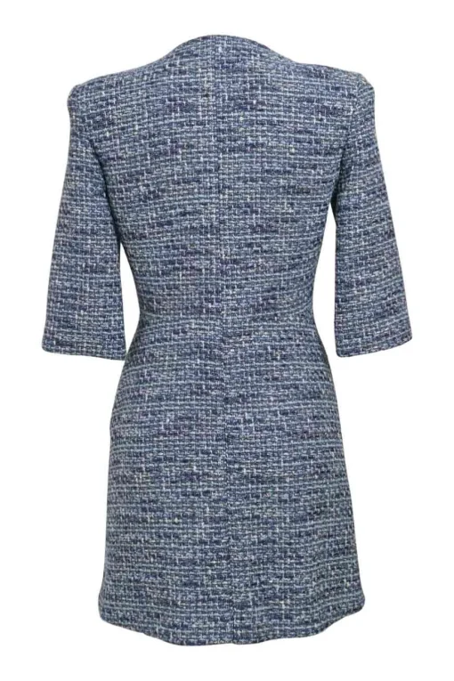 Blue cotton-blend bouclé tweed button-front half-sleeve mini dress with chest and hip patch pockets