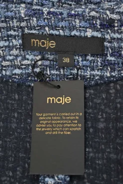 Blue cotton-blend bouclé tweed button-front half-sleeve mini dress with chest and hip patch pockets