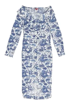 Blue cotton-blend chintz off-shoulder button-front shirt dress