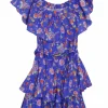 Blue cotton-blend floral print Serena belted ruffle off-shoulder tiered mini A-line dress