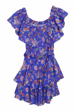 Blue cotton-blend floral print Serena belted ruffle off-shoulder tiered mini A-line dress