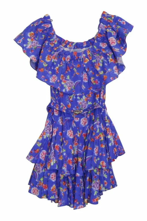 Blue cotton-blend floral print Serena belted ruffle off-shoulder tiered mini A-line dress