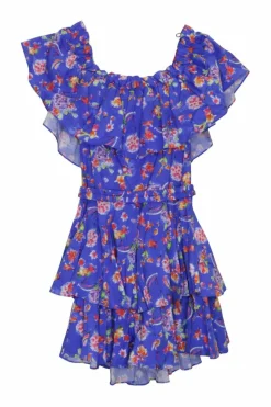 Blue cotton-blend floral print Serena belted ruffle off-shoulder tiered mini A-line dress
