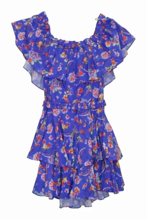 Blue cotton-blend floral print Serena belted ruffle off-shoulder tiered mini A-line dress