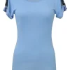 Blue cotton-blend micro-rib crewneck pullover T-shirt with tab sleeves