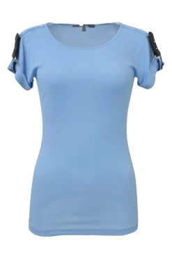 Blue cotton-blend micro-rib crewneck pullover T-shirt with tab sleeves