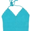 Blue cotton-blend Saran crochet halter neck zip-up knit top with adjustable nape tie