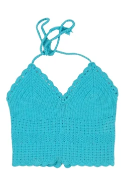 Blue cotton-blend Saran crochet halter neck zip-up knit top with adjustable nape tie