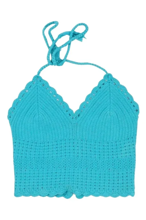 Blue cotton-blend Saran crochet halter neck zip-up knit top with adjustable nape tie