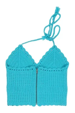 Blue cotton-blend Saran crochet halter neck zip-up knit top with adjustable nape tie