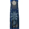 Blue crinkle cotton-silk blend pinapple print halter neck cloumn gown with adjustable self-tie fastening at nape