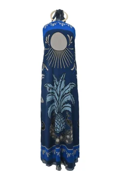 Blue crinkle cotton-silk blend pinapple print halter neck cloumn gown with adjustable self-tie fastening at nape