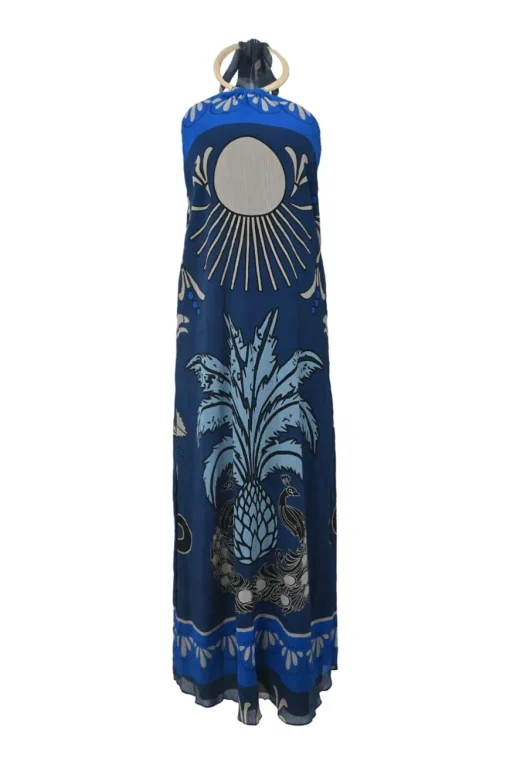 Blue crinkle cotton-silk blend pinapple print halter neck cloumn gown with adjustable self-tie fastening at nape