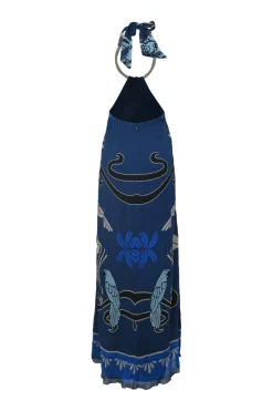 Blue crinkle cotton-silk blend pinapple print halter neck cloumn gown with adjustable self-tie fastening at nape