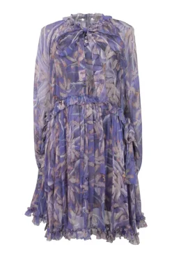Blue crinkle silk-blend Botanica print georgette tie-front drop-waist shift dress