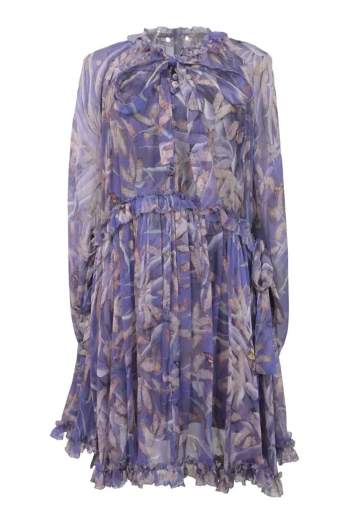 Blue crinkle silk-blend Botanica print georgette tie-front drop-waist shift dress