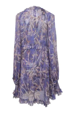 Blue crinkle silk-blend Botanica print georgette tie-front drop-waist shift dress