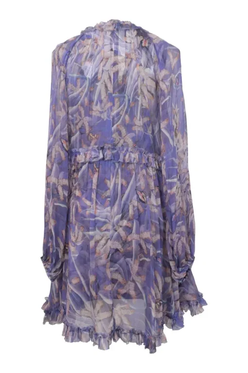 Blue crinkle silk-blend Botanica print georgette tie-front drop-waist shift dress