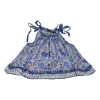 Blue crinkle viscose Violine abstract print halter neck swing top with tie-strap fastening