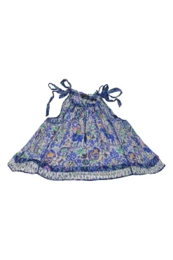 Blue crinkle viscose Violine abstract print halter neck swing top with tie-strap fastening