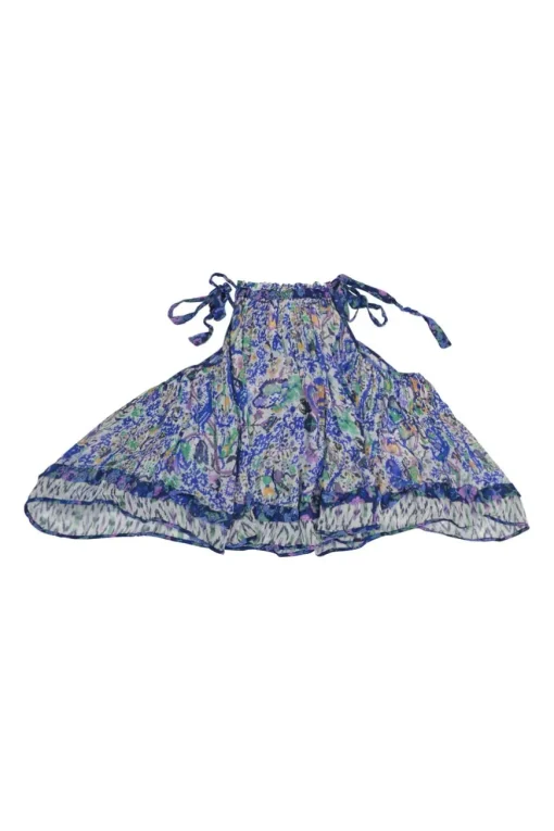 Blue crinkle viscose Violine abstract print halter neck swing top with tie-strap fastening
