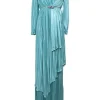 Blue crystal-embellished acetate-blend asymmetric tiered plissé gown with built-in necklace and belt