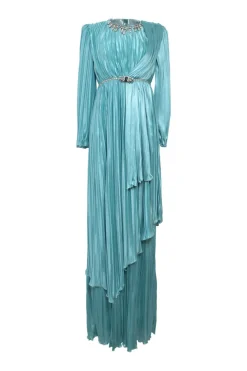 Blue crystal-embellished acetate-blend asymmetric tiered plissé gown with built-in necklace and belt