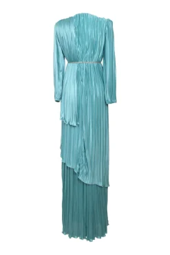 Blue crystal-embellished acetate-blend asymmetric tiered plissé gown with built-in necklace and belt