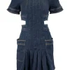 Blue denim short-sleeved open waist mini dress