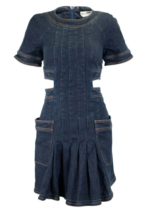 Blue denim short-sleeved open waist mini dress