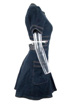 Blue denim short-sleeved open waist mini dress