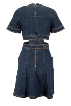 Blue denim short-sleeved open waist mini dress