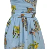 Blue draped cotton floral print strapless sweetheart skater dress