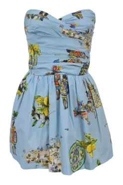 Blue draped cotton floral print strapless sweetheart skater dress