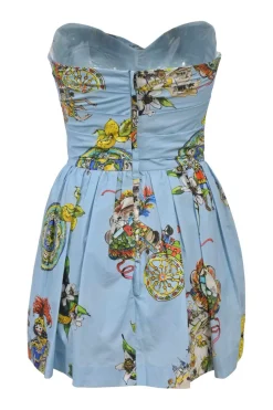 Blue draped cotton floral print strapless sweetheart skater dress