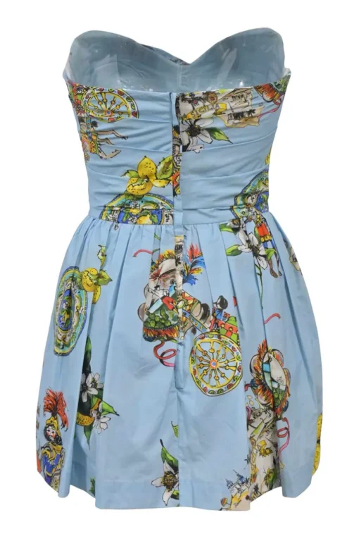Blue draped cotton floral print strapless sweetheart skater dress