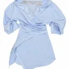 Blue draped cotton poplin off-shoulder wrap-front shirt dress