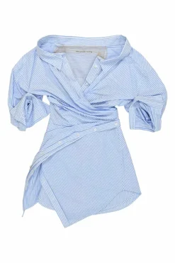 Blue draped cotton poplin off-shoulder wrap-front shirt dress